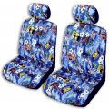 Hawaiian Car Seat Covers With Headrest Kona Music Blue Universal Fit Cotton Fabric 2 Piece Set Single Armrest Slot Opening 
