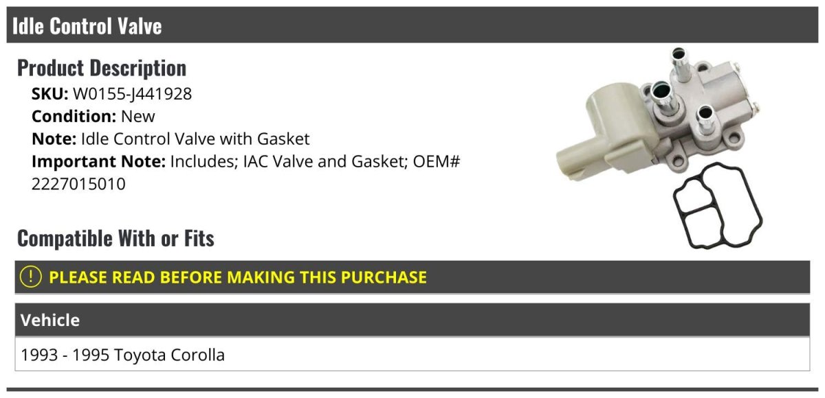 Idle Control Valve With Gasket For 1993-1995 Toyota Corolla