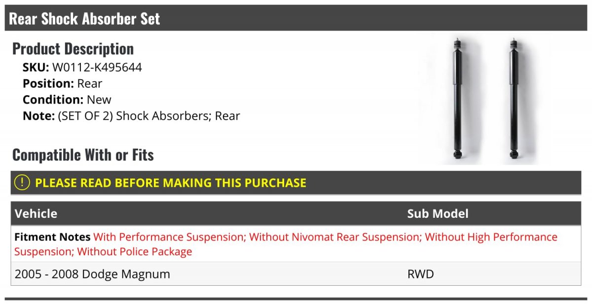 Rear Shock Absorber Set 2 Piece For 2005-2008 Dodge Magnum Rwd With Performance Suspension Without Nivomat High Or Police