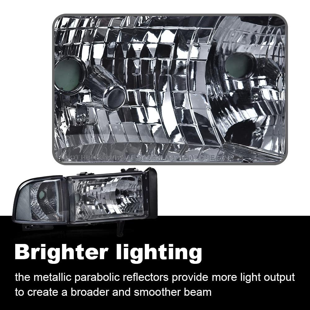 Headlights Fit Dodge Ram 1500 1994-2001 Fit 2500 3500 1994-2002 Not Sport Headlamps W O Bulbs Smoky Lens Chrome Housing Clear