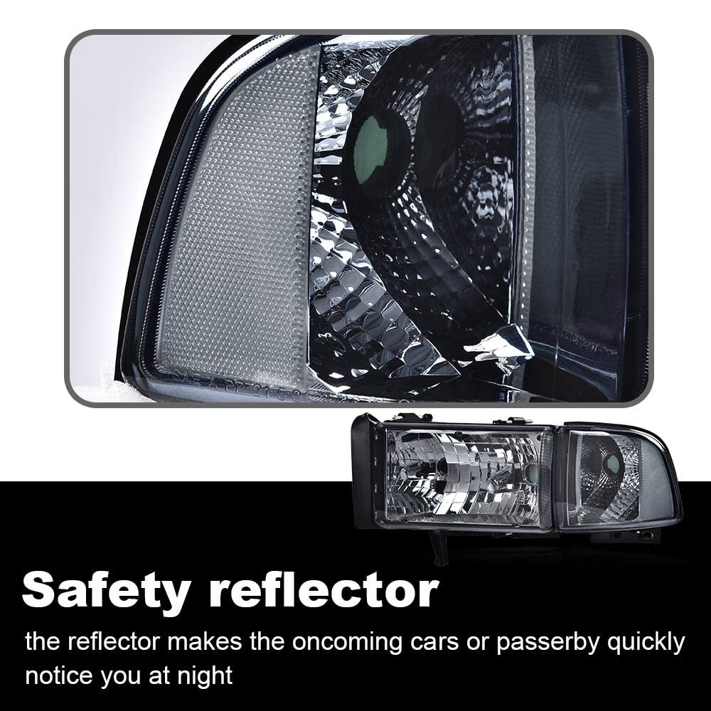 Headlights Fit Dodge Ram 1500 1994-2001 Fit 2500 3500 1994-2002 Not Sport Headlamps W O Bulbs Smoky Lens Chrome Housing Clear