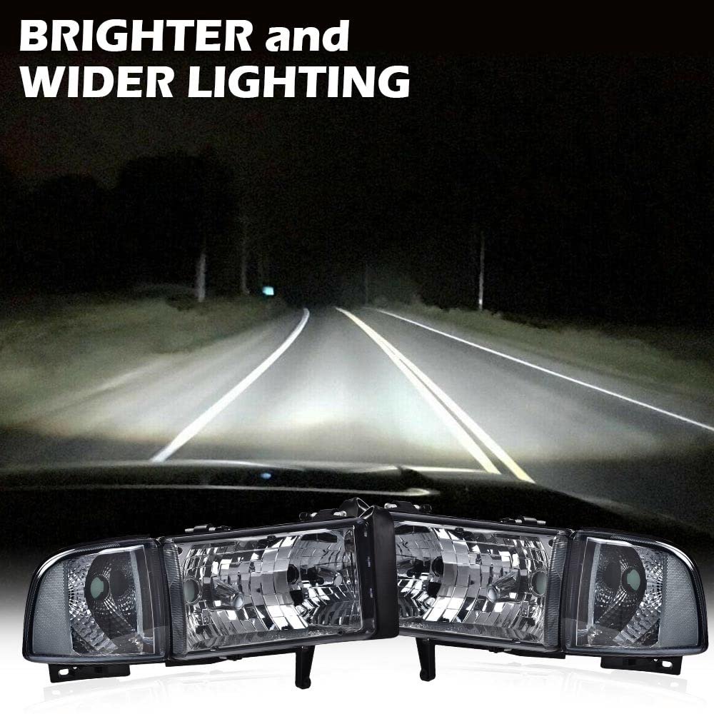 Headlights Fit Dodge Ram 1500 1994-2001 Fit 2500 3500 1994-2002 Not Sport Headlamps W O Bulbs Smoky Lens Chrome Housing Clear