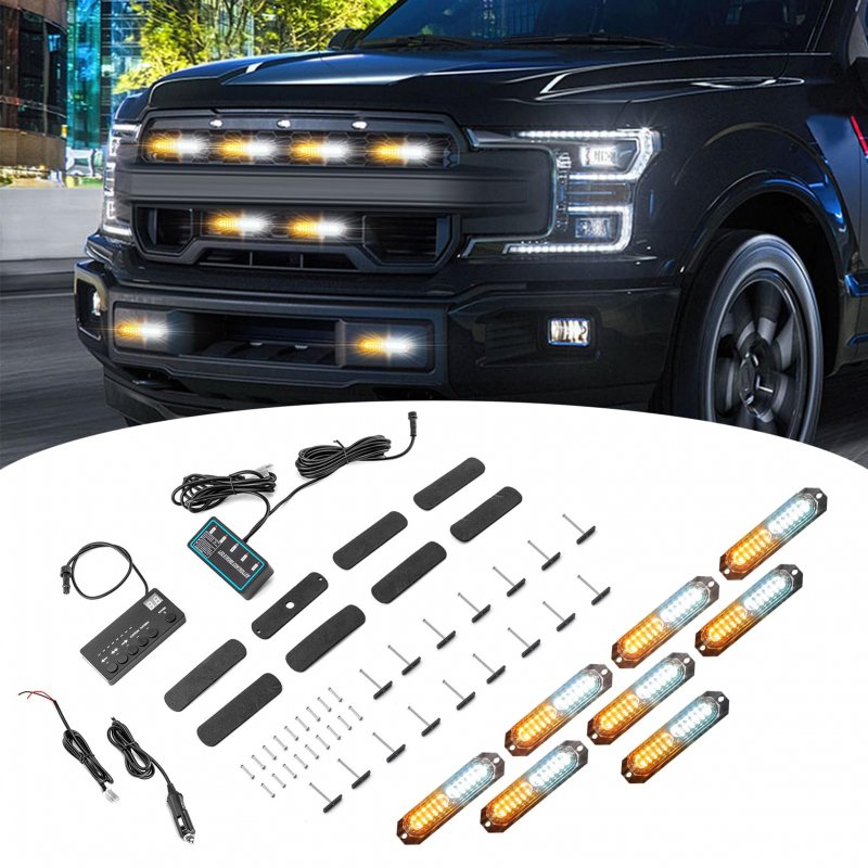 Wsays 8pcs Universal Surface Mount Slim Single Row 12leds Amber White Emergency Hazard Warning Strobe Lights Kit For Truck Jeep