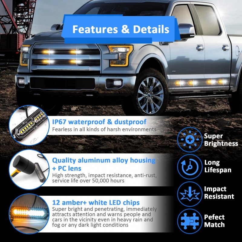 Wsays 8pcs Universal Surface Mount Slim Single Row 12leds Amber White Emergency Hazard Warning Strobe Lights Kit For Truck Jeep
