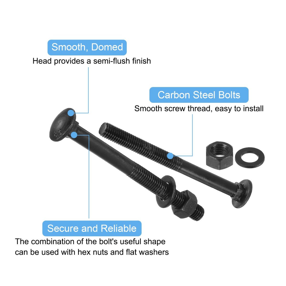M6 X 20mm Carriage Bolt Kit 12 Set Round Head Square Neck Screws Bolts Includes Washers And Nuts Carbon Steel Black Oxide For