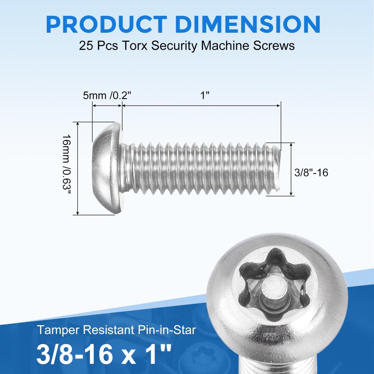25pcs Torx Security Machine Screws 3 8-16 X 1 304 Stainless Steel Tamper Resistant Button Head Bolt Full Thread For Anti-theft
