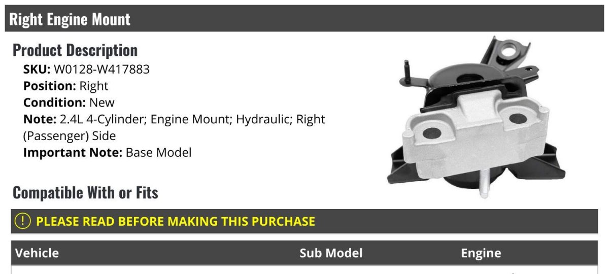 Right Passenger Side Hydraulic Engine Mount For 2008-2015 Scion Xb Base 2 4l 4-cylinder