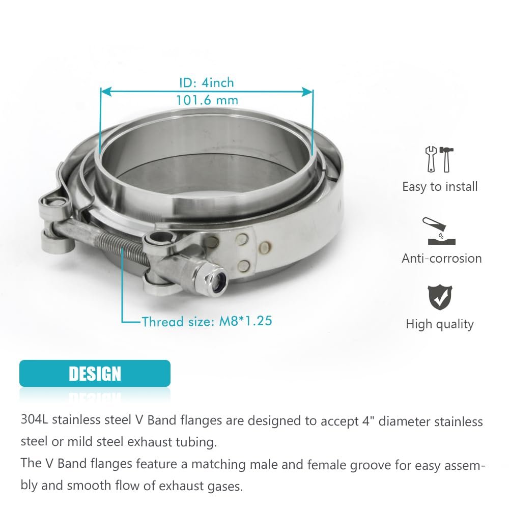 4 In Stainless Steel Exhaust V Band Clamp Male Female Flange Assembly 2 Piece Kit For Turbo High Horsepower Performance Systems