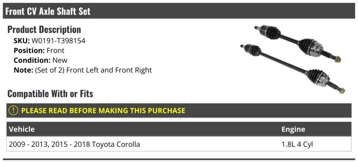 Front Cv Axle Shaft Set Of 2 For 2009-2013 2015-2018 Toyota Corolla 1 8l 4-cylinder