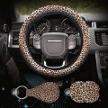 4 Pieces Leopard Cheetah Print Steering Wheel Cover Set With Car Cup Holder Quarter Keyring Universal Fit 14-15 5 Inches