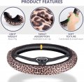4 Pieces Leopard Cheetah Print Steering Wheel Cover Set With Car Cup Holder Quarter Keyring Universal Fit 14-15 5 Inches