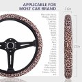 4 Pieces Leopard Cheetah Print Steering Wheel Cover Set With Car Cup Holder Quarter Keyring Universal Fit 14-15 5 Inches