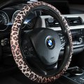 4 Pieces Leopard Cheetah Print Steering Wheel Cover Set With Car Cup Holder Quarter Keyring Universal Fit 14-15 5 Inches