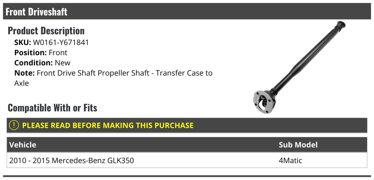 Front Driveshaft For 2010-2015 Mercedes-benz Glk350 4matic