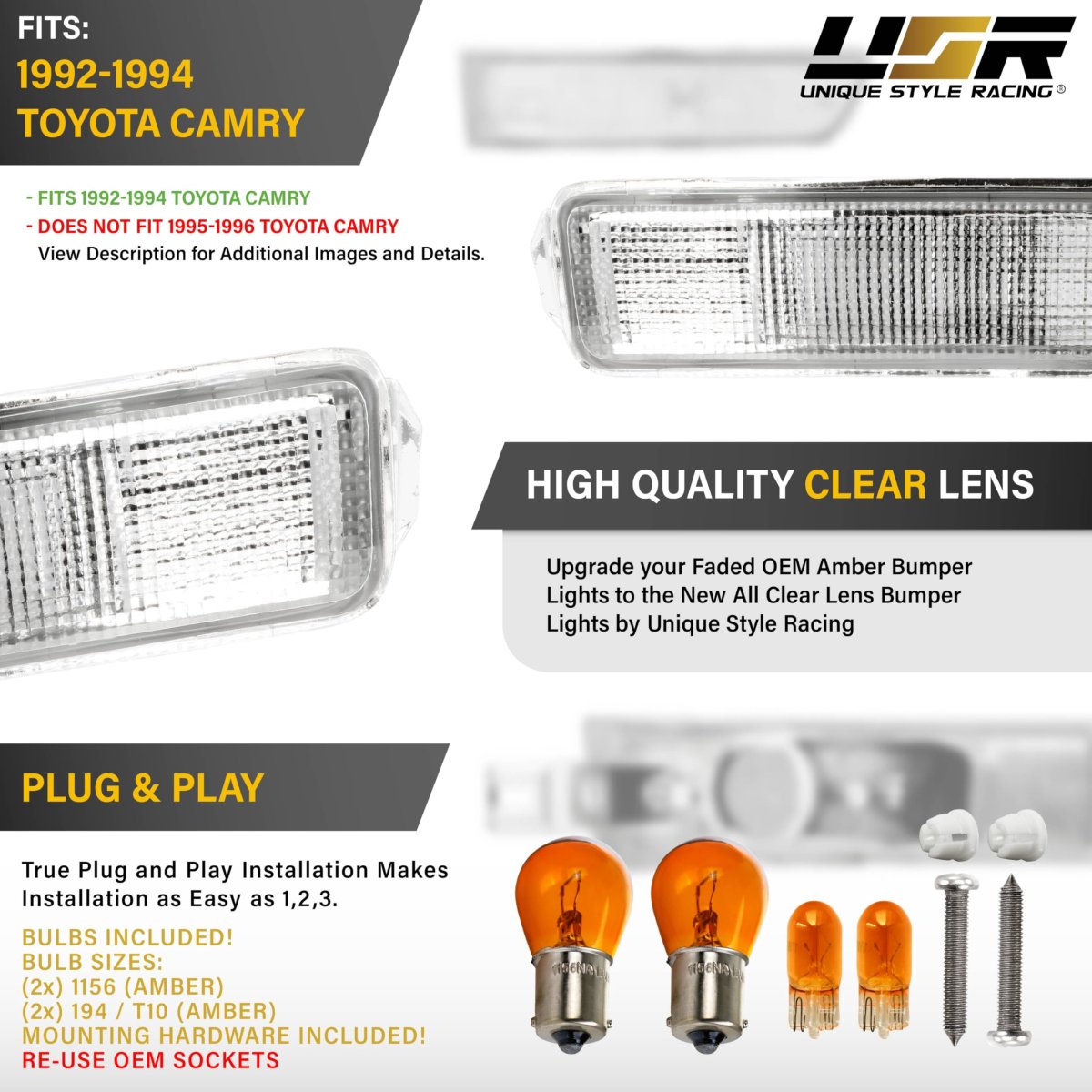 Usr 92-94 Sxv10 Bumper Light A Turn Signal Lamps Left Right 4pc Set For 1992-1994 Toyota Camry All Models Such As Dx Le Se Xle