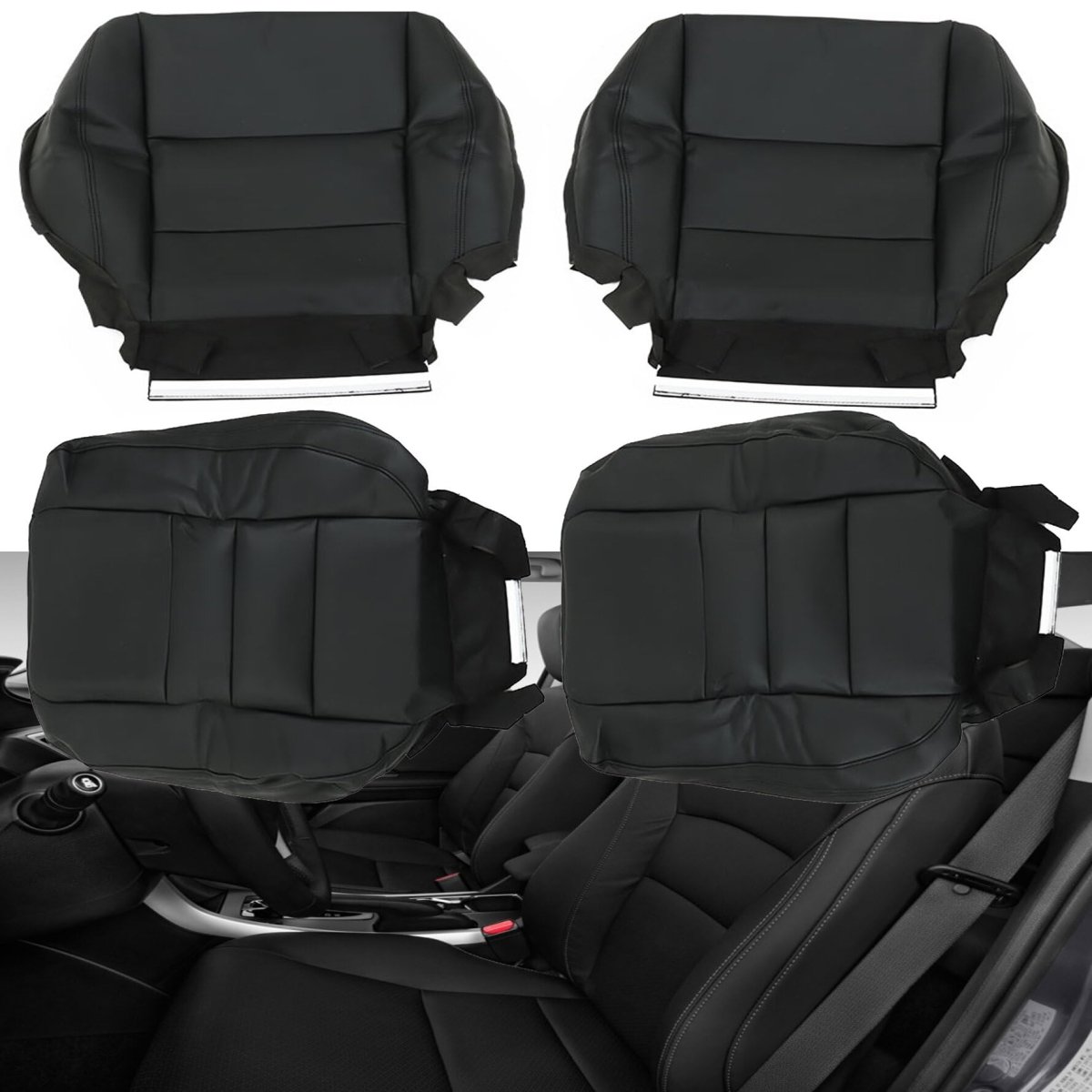 Black Leather Seat Covers 4 Piece Set For 2008 2009 2010 2011 2012 Accord Sedan Door Front Driver And Passenger Bottom Lean