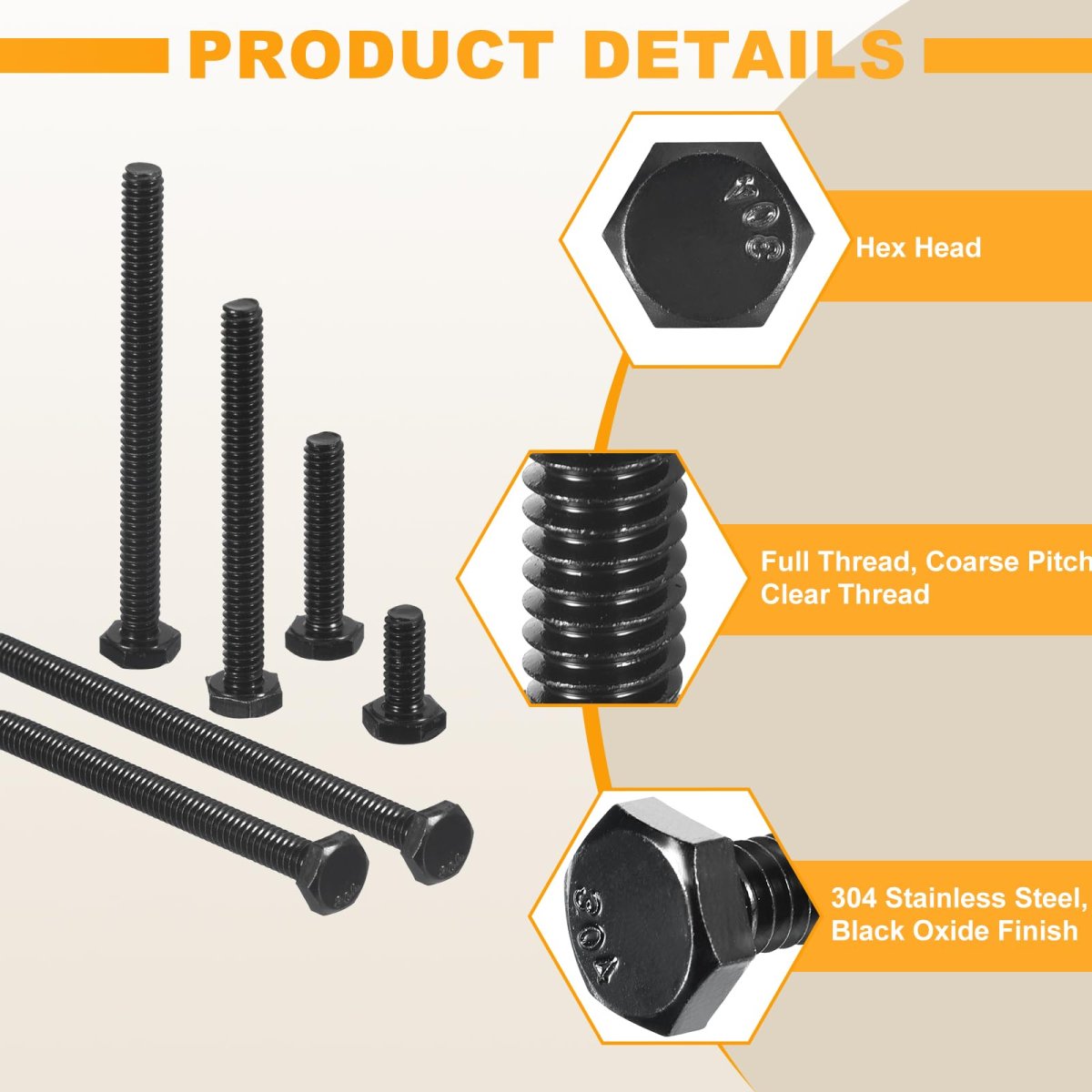 20 Pcs 5 16-18 X 8 In Hex Head Bolts 304 Stainless Steel Fully Threaded Screws Black Oxide Finish For Construction And