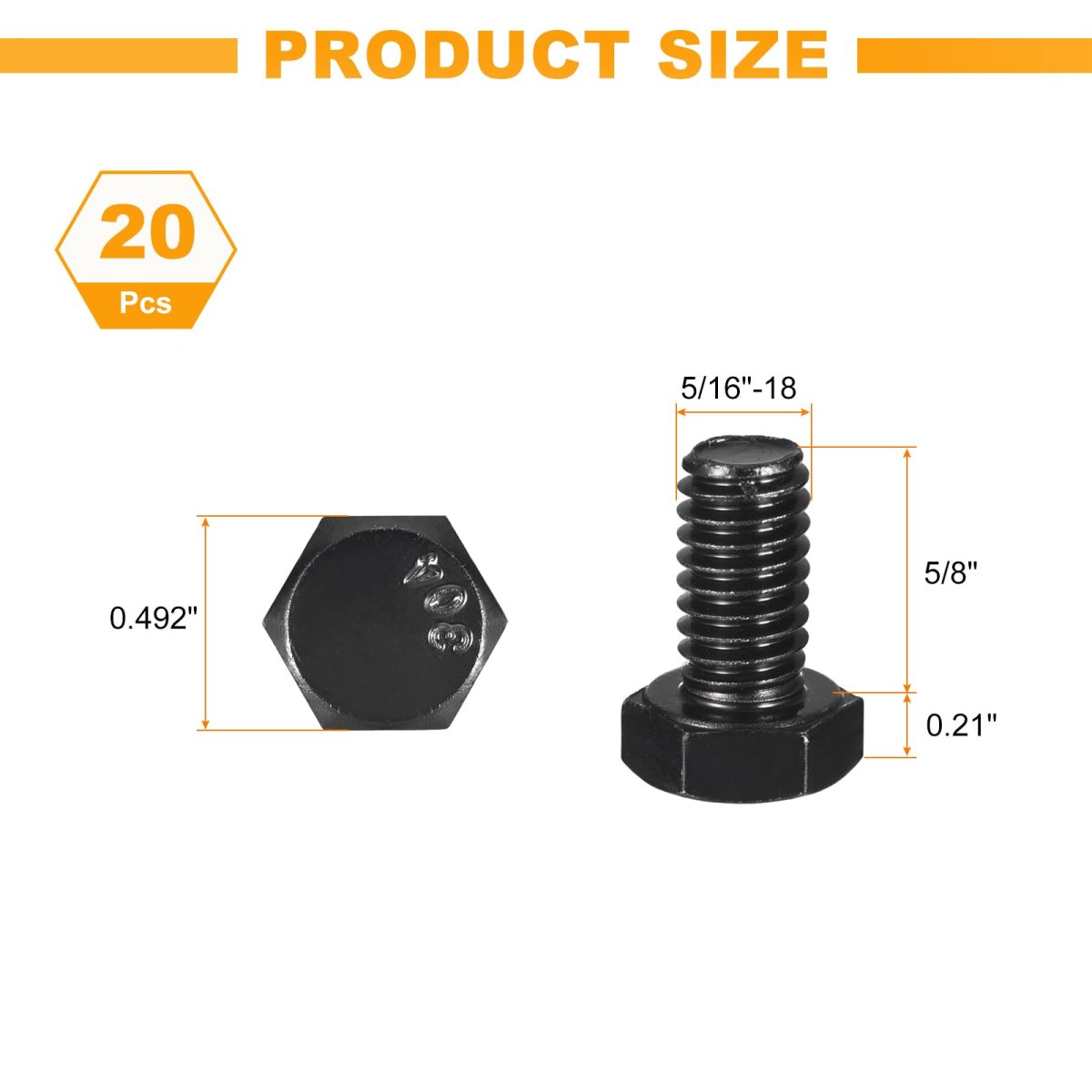 20 Pcs 5 16-18 X 8 In Hex Head Bolts 304 Stainless Steel Fully Threaded Screws Black Oxide Finish For Construction And