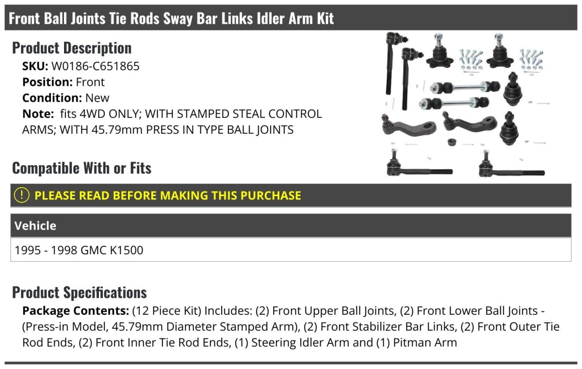 Front Ball Joints Tie Rod End And Sway Bar Links Idler Arm Kit 12 Piece For 1995-1998 Gmc K1500 4wd With Stamped Steal Control