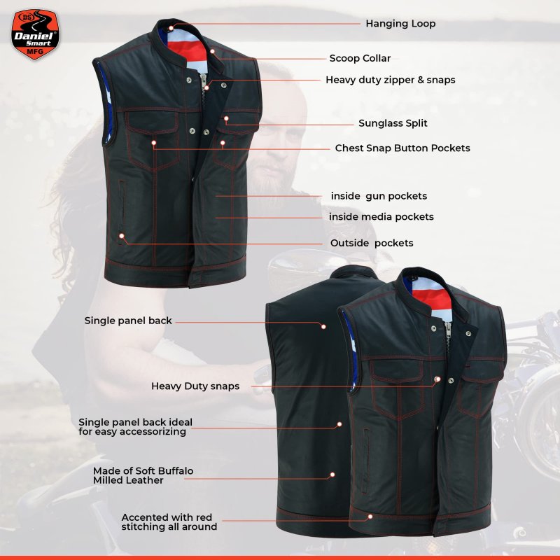 Daniel Smart Leather Vest Premium Soft Buffalo Milled With American Flag Lining And Concealed Armory Pocket As1 Alpha X L