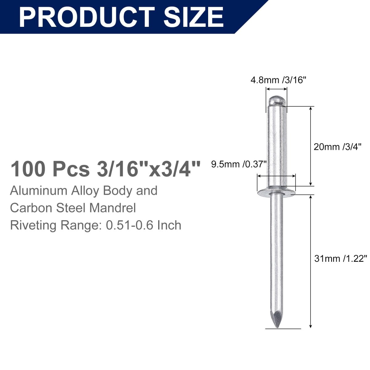 100pcs 3 16 In X 4 Aluminum Blind Rivets Countersunk Head Long Split With Steel Mandrel For Metal Furniture And Automotive
