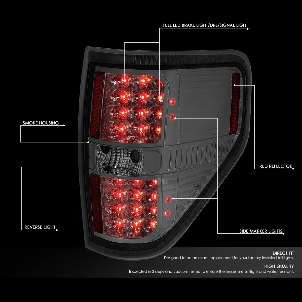 Auto Dynasty Full Led Tail Light Brake Lamps For Ford F150 94-14 Driver And Passenger Side Chrome Housing Smoked Lens