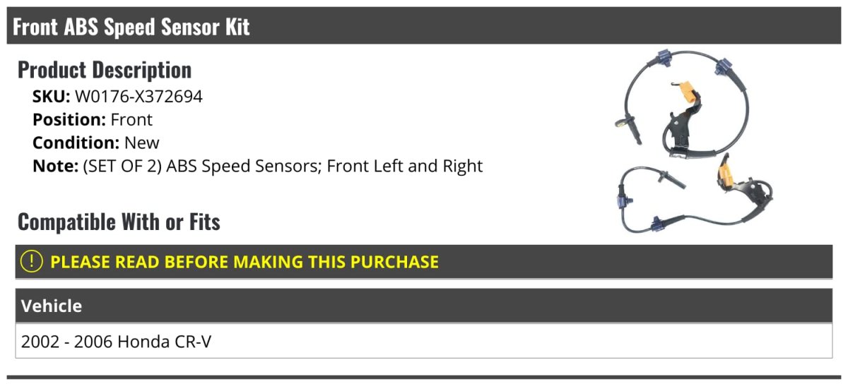 Front Abs Speed Sensor Set Of 2 For 2002 2006 Honda Crv Left And Right Wheel Kit W0176-x372694
