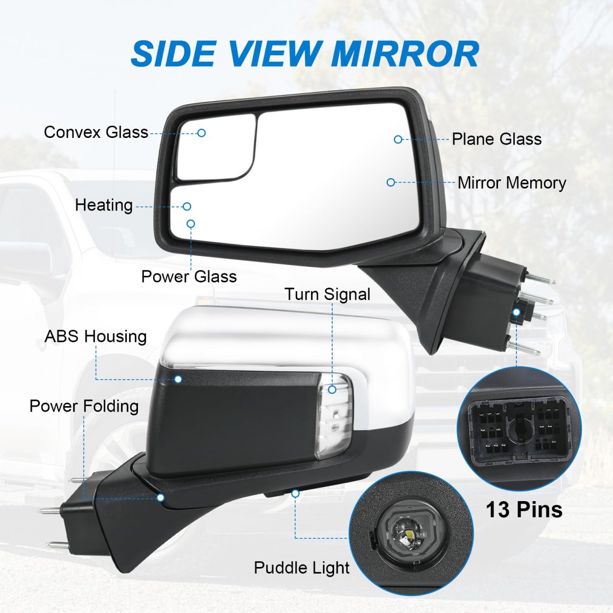 Left Driver Side Mirror For 2019-2025 Chevy Silverado 1500 Chrome Power Folding Heated Turn Signal Puddle Lights Memory Replace