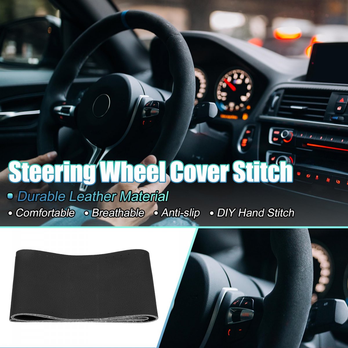 Hand Sewn Steering Wheel Cover Stitch With Needle And Thread Universal Fit 15 4-16 Inch 39-40 5cm Dia For Car