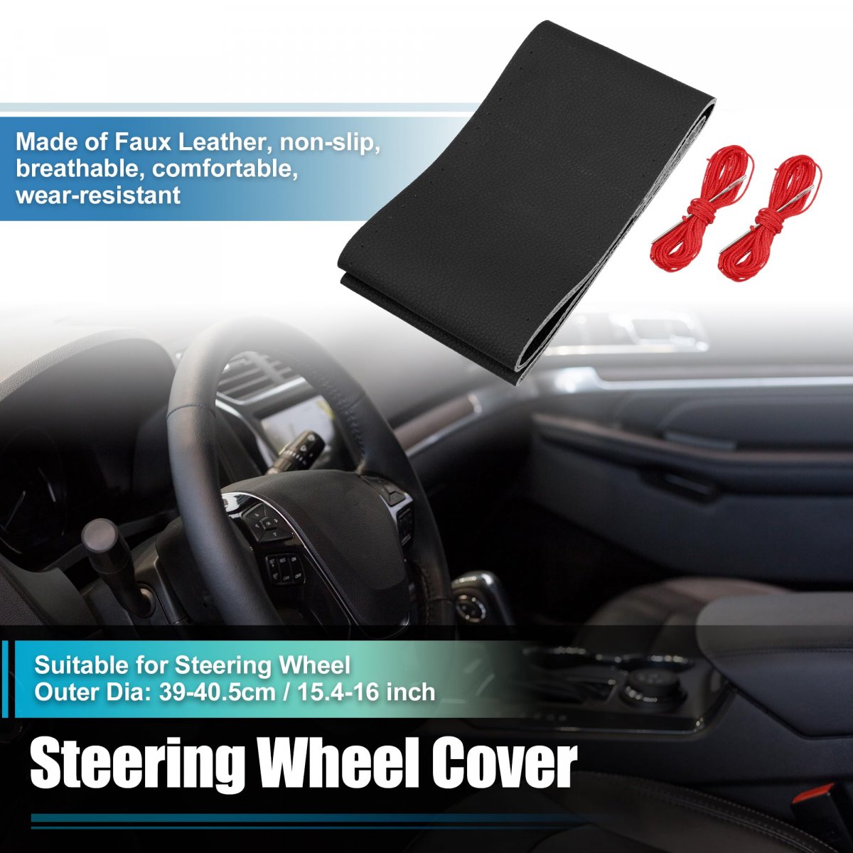 Hand Sewn Steering Wheel Cover Stitch With Needle And Thread Universal Fit 15 4-16 Inch 39-40 5cm Dia For Car