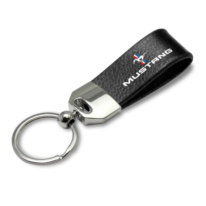 Ipick Image Large Genuine Black Leather Loop Strap Key Chain Ford Mustang Tri-bar