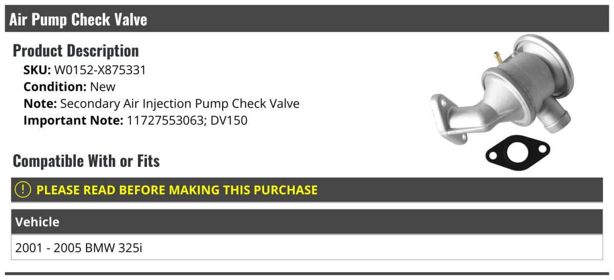 Secondary Air Injection Pump Check Valve For 2001 To 2005 Bmw 325i Silver W0152-x875331