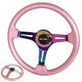 Universal 350mm 6 Bolt Hole Heavy Duty Light Weight Steering Wheel Pink Trim Neo Chrome Center Streak Design Godsnow Horn 
