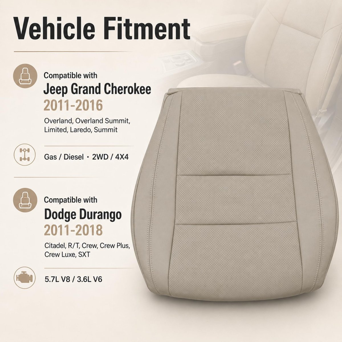 Driver Side Bottom Replacement Seat Cover Tan Perforated Microfiber Leather For Jeep Grand Cherokee 2011 2016 And Dodge Durango
