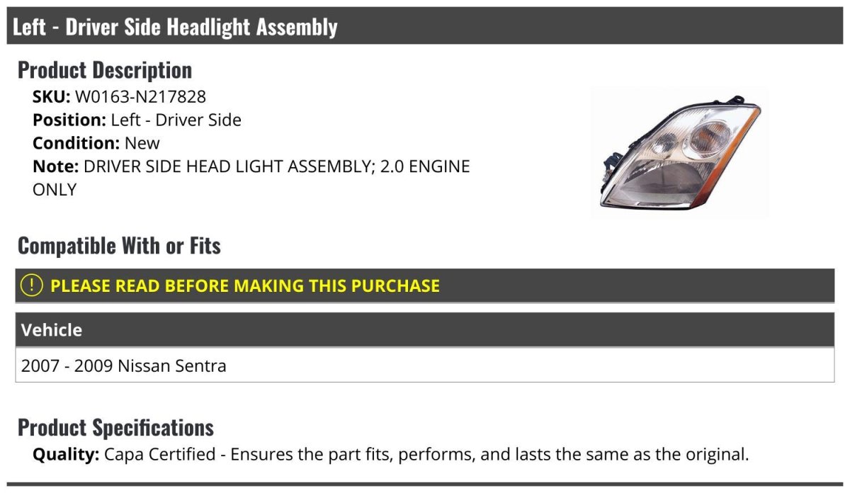 Left Driver Side Headlight Assembly For 2007-2009 Nissan Sentra For 2 0l Models Only