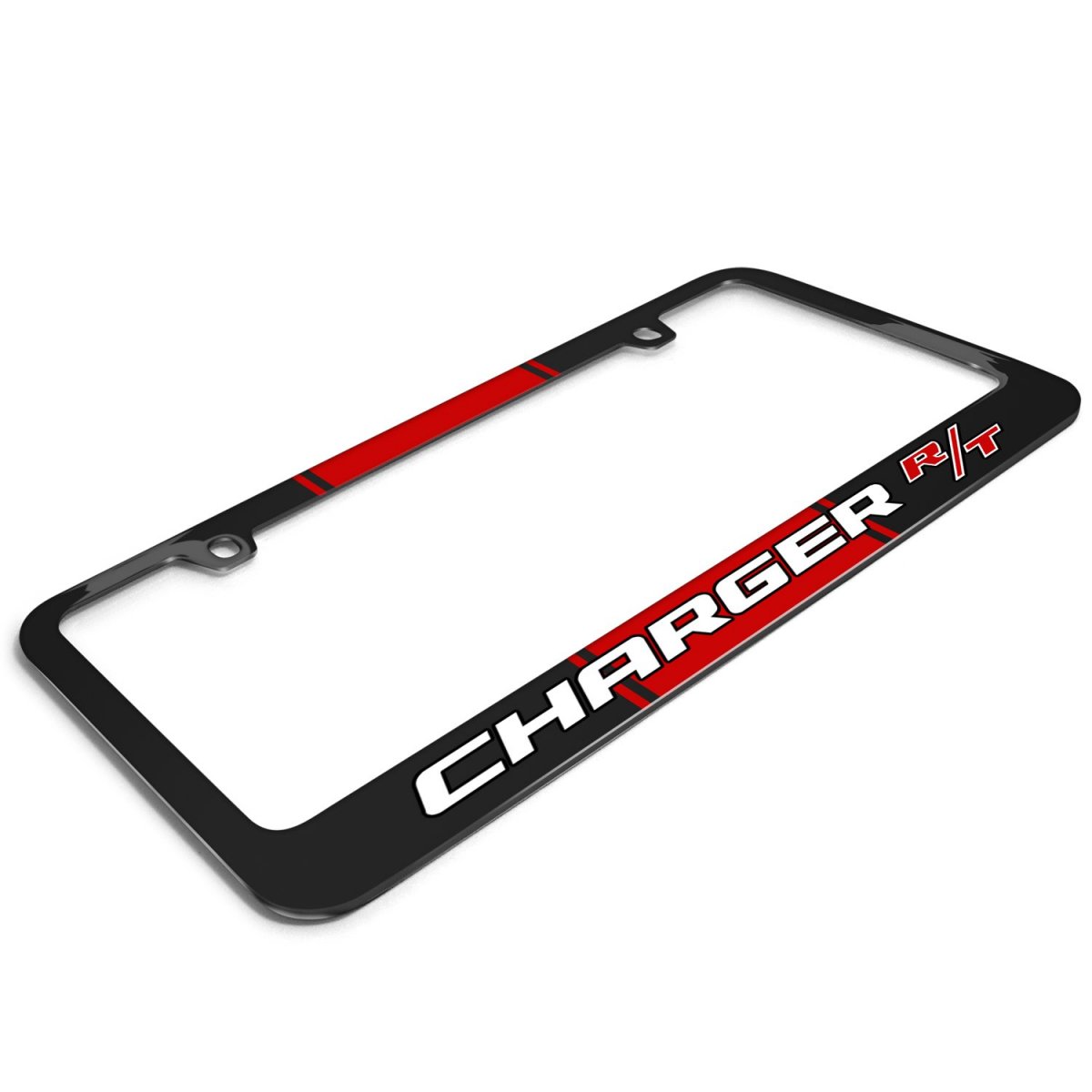 Dodge Charger R T Racing Stripe Black Metal License Plate Frame 12 In X 6 Powder Coated Cast Zinc With Screw Covers