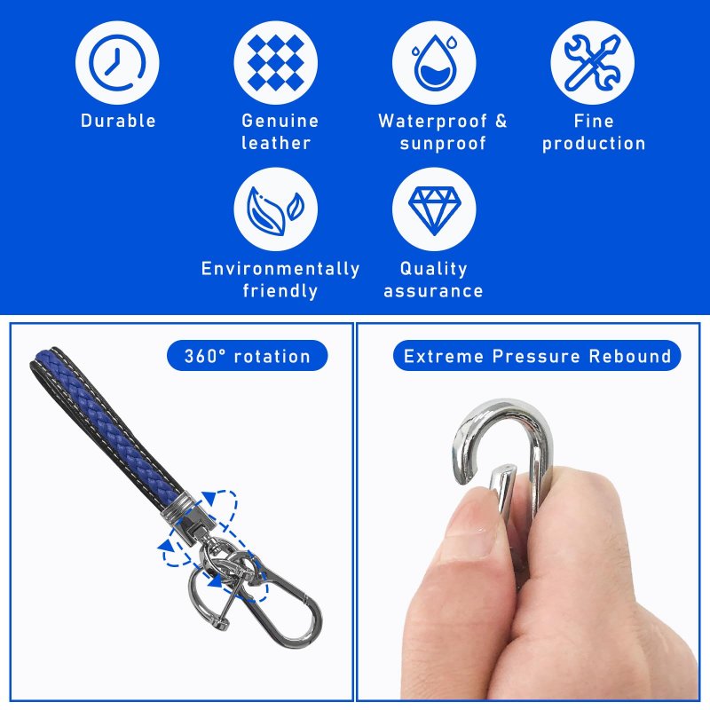 Dickno Microfiber Leather Car Keychain 360 Degree Rotatable Auto Key Fob Holder With Anti-lost D-ring For Men And Women Blue