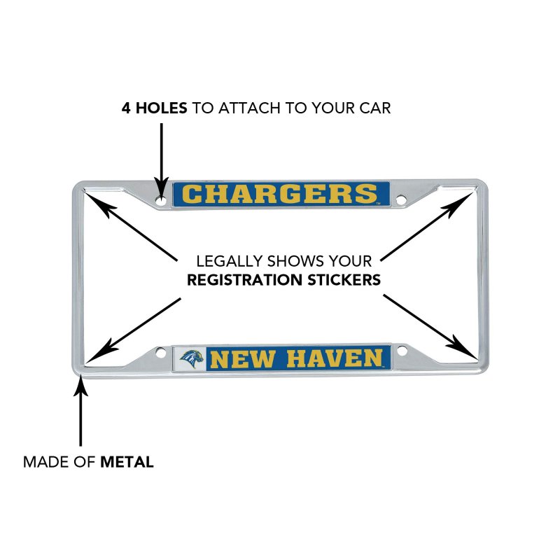 University Of New Haven Chargers License Plate Frame Officially Licensed Mascot Metal Car Tag Holder 6 25 X 12 In For Us And
