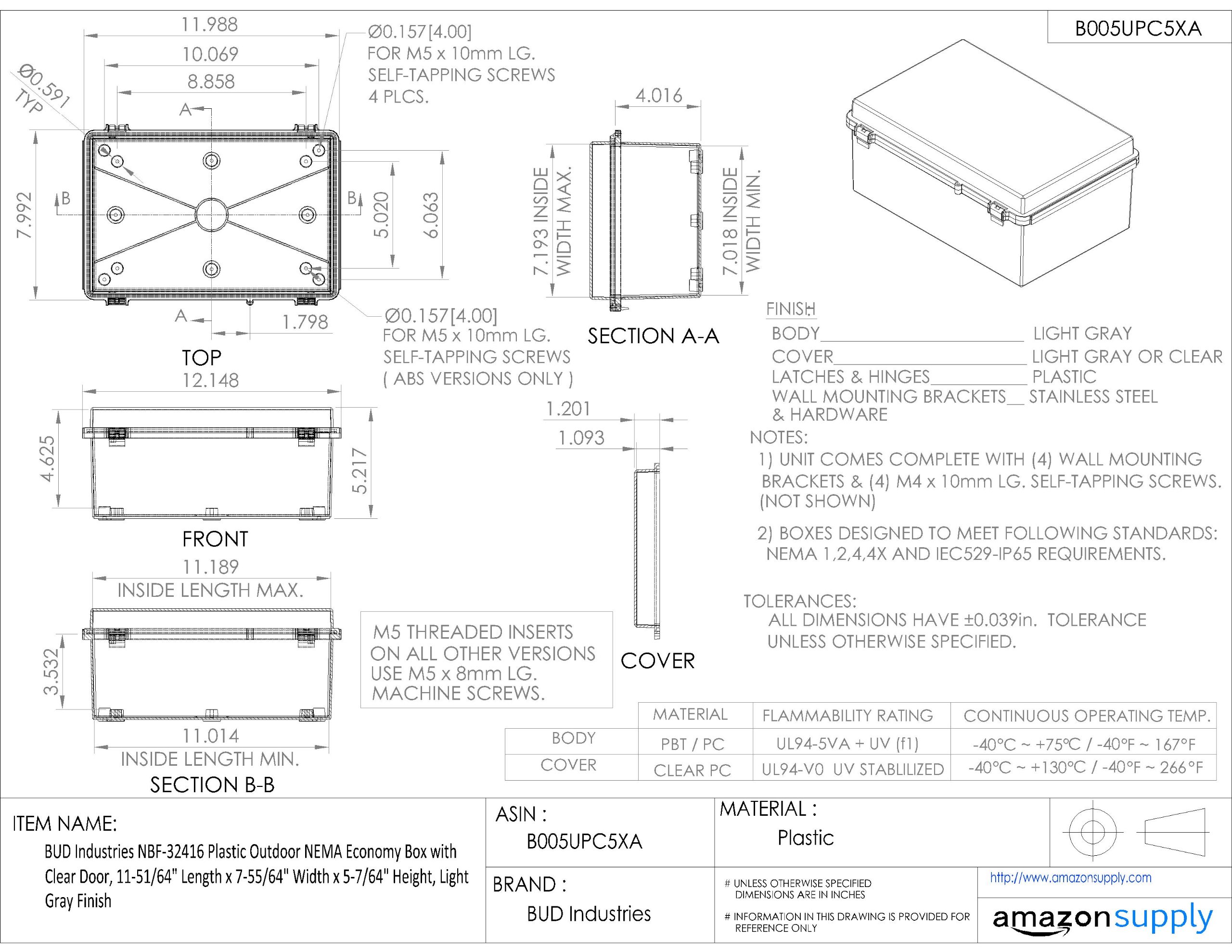 Bud Industries Nbf-32416 Plastic Outdoor Nema Economy Box With Clear Door 11-51 64 Length X 7-55 Width 5-7 Height Light Gray