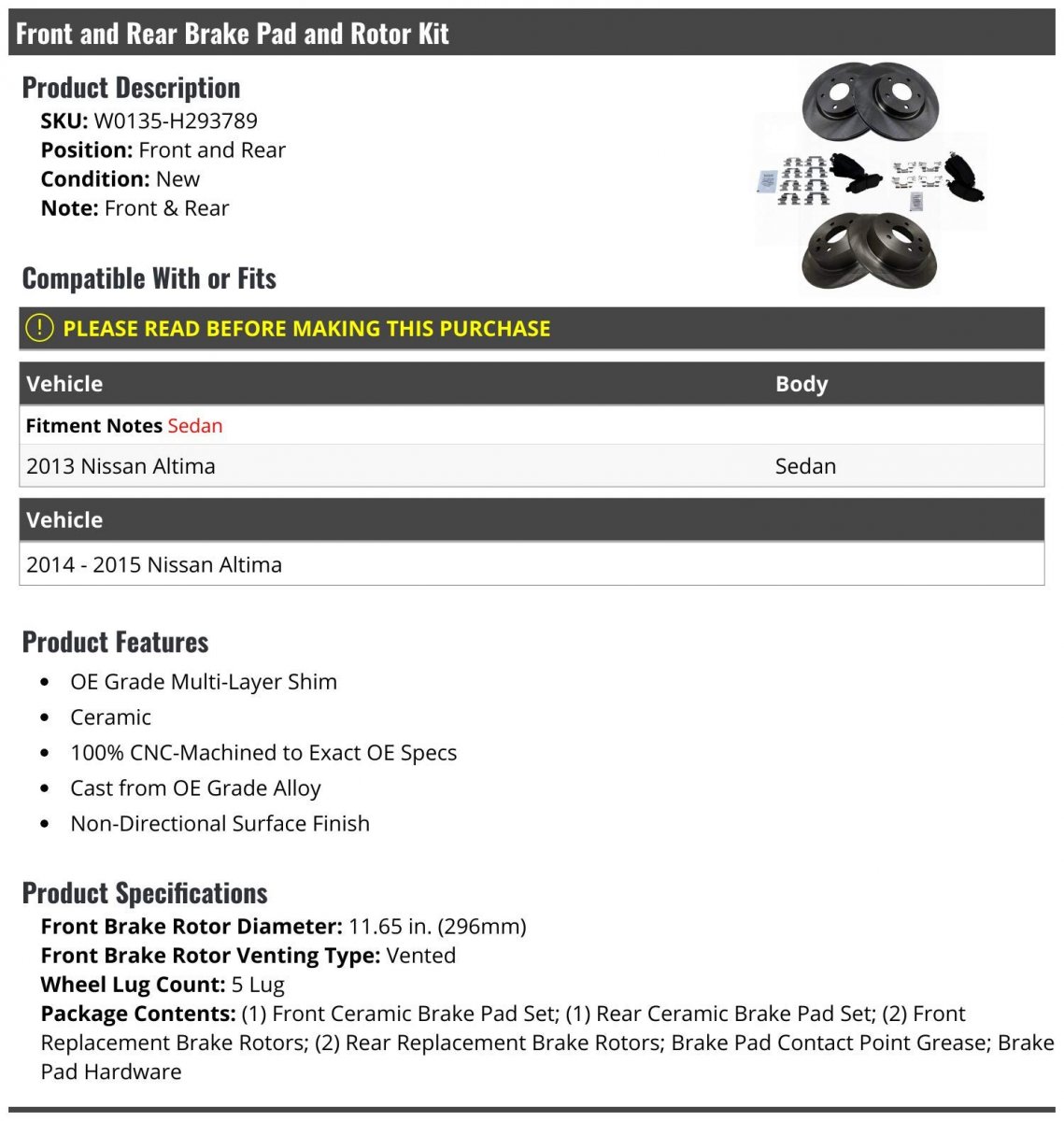 Front And Rear Ceramic Brake Pad Rotor Kit For 2013-2015 Nissan Altima Sedan