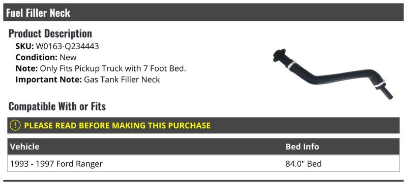 Fuel Filler Neck For 1993-1997 Ford Ranger With 7 Foot Bed