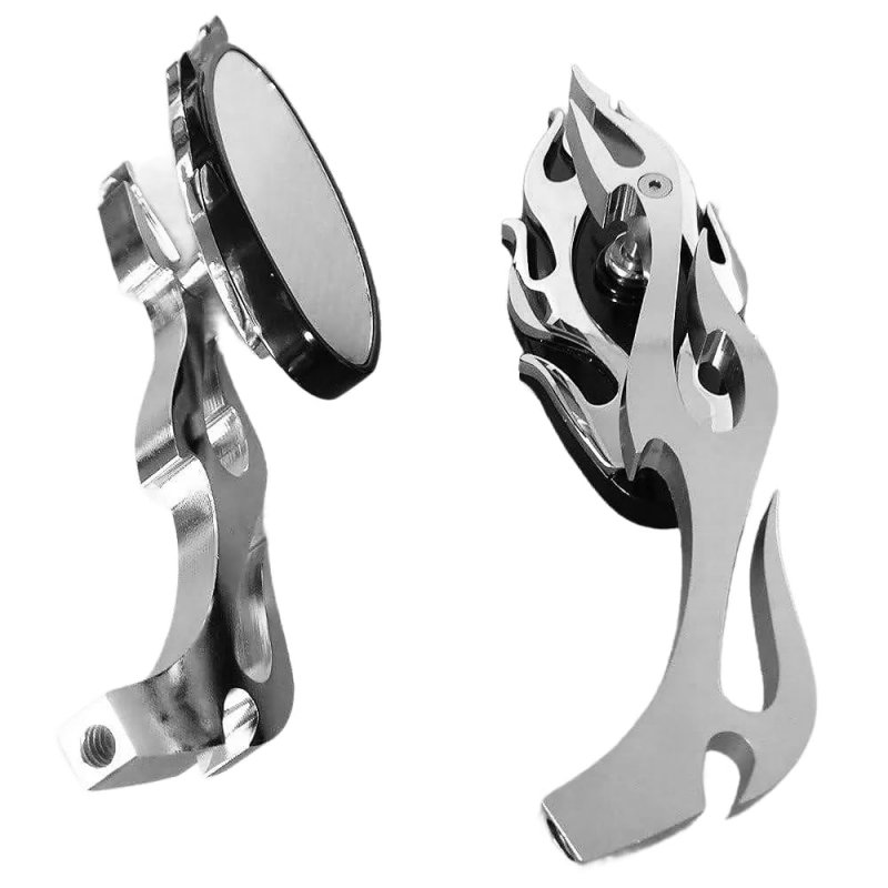 Httmt Mt350-02- Motorcycle Flame Style Rearview Mirror For Any Cruiser Chopper Custom Chrome