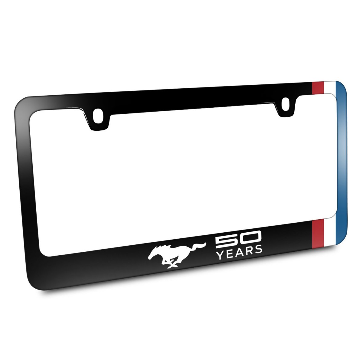 Ford Mustang 50 Years License Plate Frame Red White Blue Stripe Black Metal 12 In X 6 Universal Fit For Car
