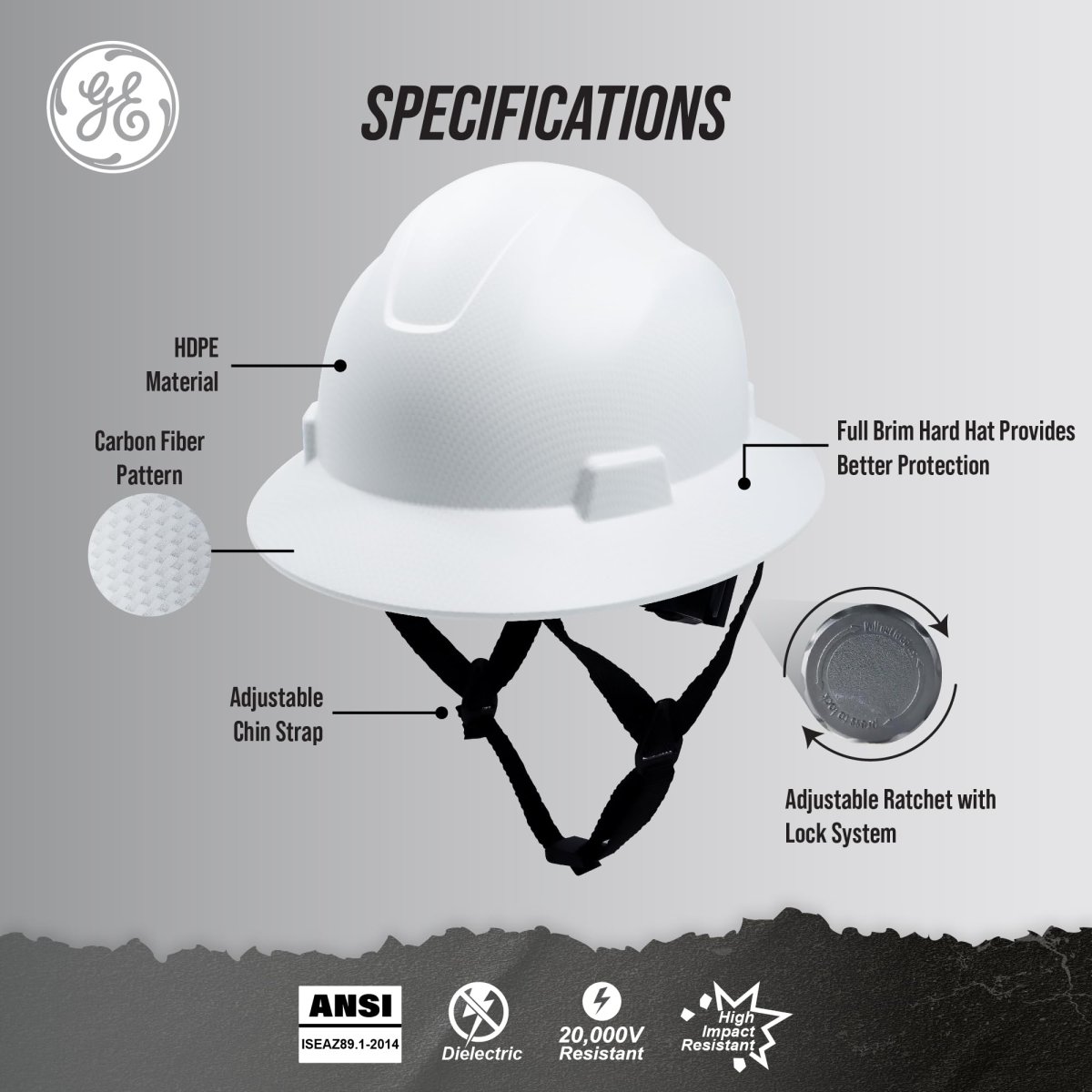 Ge Hard Hat Full Brim Padded 4-point Ratchet Suspension Ansi Z89 1-2014 Safety Hats For Men Impact Resistant Durable