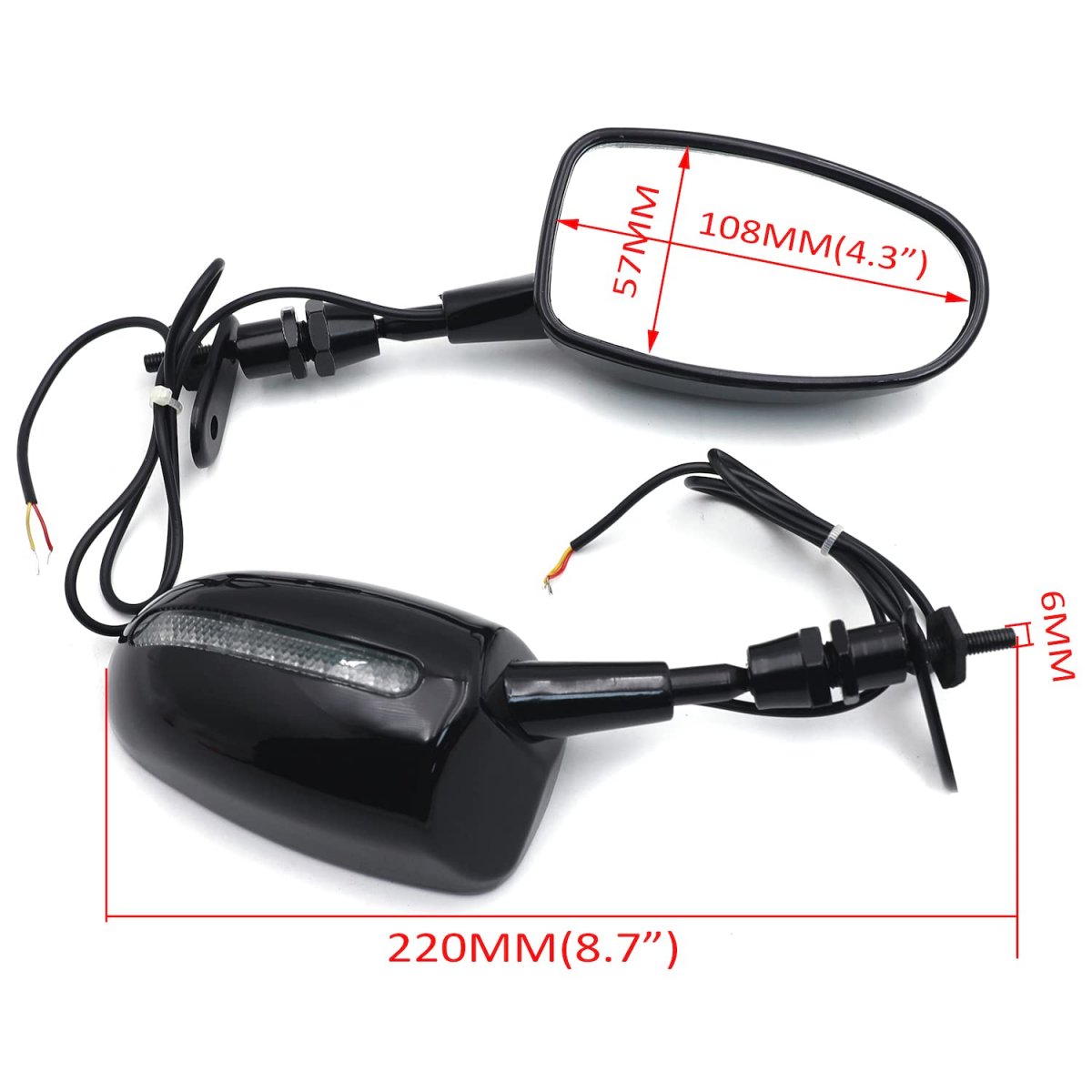 Led Rear View Mirrors For Motorcycles Universal Fit 6mm Thread Convex Glass And Abs Shell Black Mt244-bk