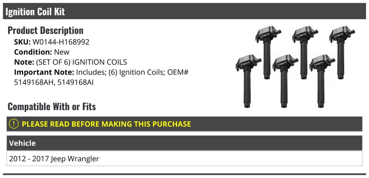 Ignition Coil Kit Set Of 6 Compatible With 2012-2017 Jeep Wrangler