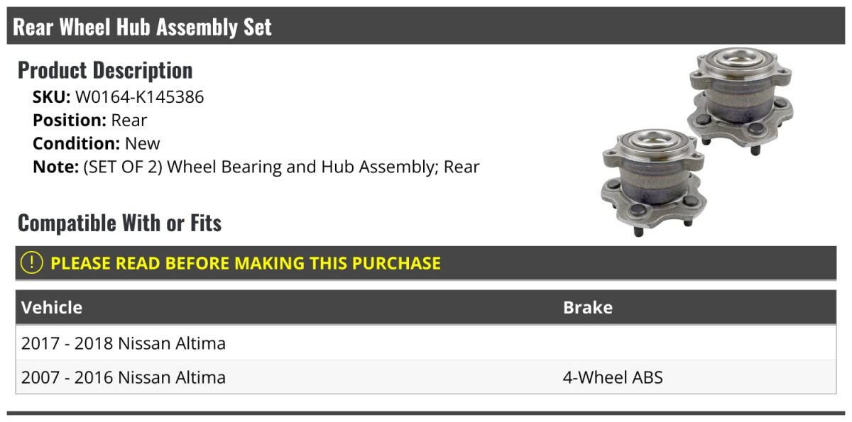 Rear Wheel Bearing Hub Assembly Set Of 2 For 2007 2018 Nissan Altima Fits 2016 With 4 Abs Brakes And 2017 Models