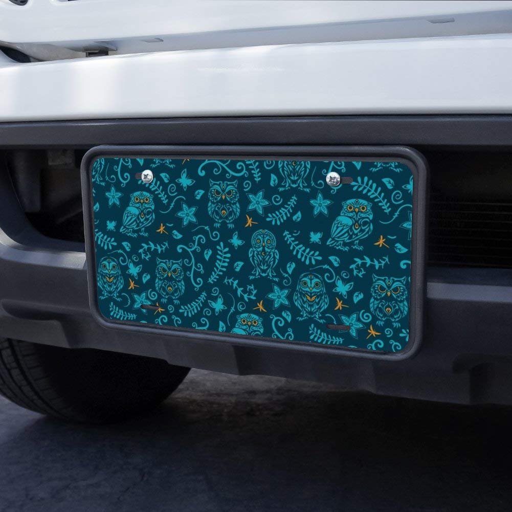 Mystical Owl Pattern Novelty Metal License Plate With Butterflies Dragonflies Leaves And Flowers Uv Water Resistant Aluminum 6