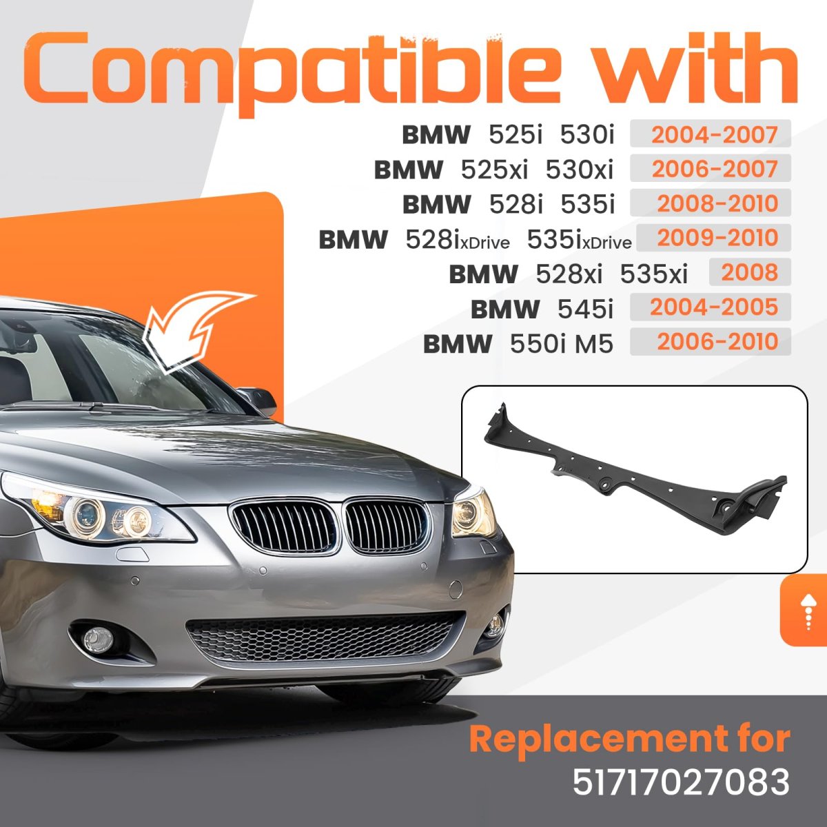 Jmtaat Windshield Wiper Cowl Panel Grille For 2004-2010 Bmw 525i Xi 528i 530i 535i 545i 550i M5 Replace 51717027083 Air Inlet