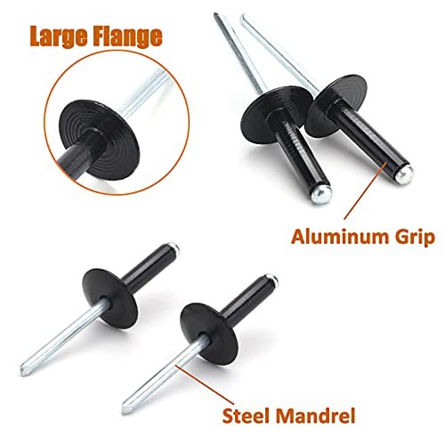 100pcs 3 16 In X 1 Large Flange Aluminum Blind Pop Rivets Black Grip Range 18 To 20mm
